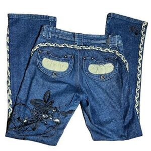 KDNK Wide Leg Studded and Embroidered Jeans Braided Trim Size 27